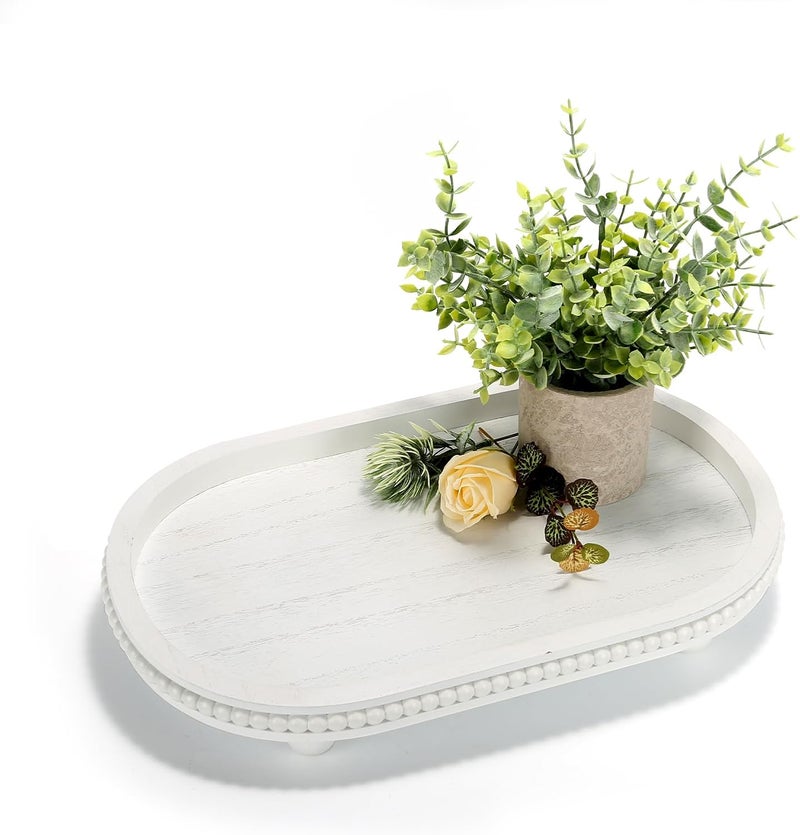 SYNCVIBE Wooden Decorative Tray for Home Decor, Beaded White Oval Tray Decor for Coffee Table, Rustic Wood Serving Trays Farmhouse Centerpieces for Living Room Kitchen Counter (White Oval) - Image 1